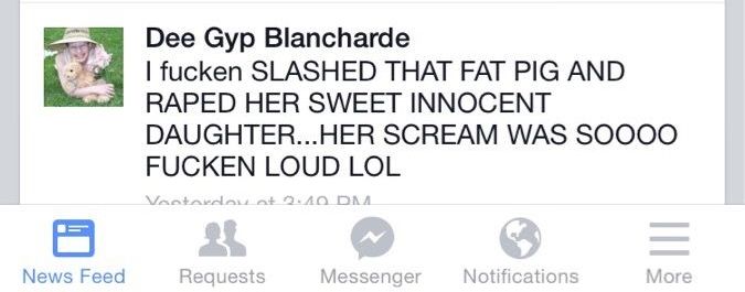 Komentar: I fucken slashed that fat pig and raped her sweet innocent daughter... her scream was soooo fucken loud lol