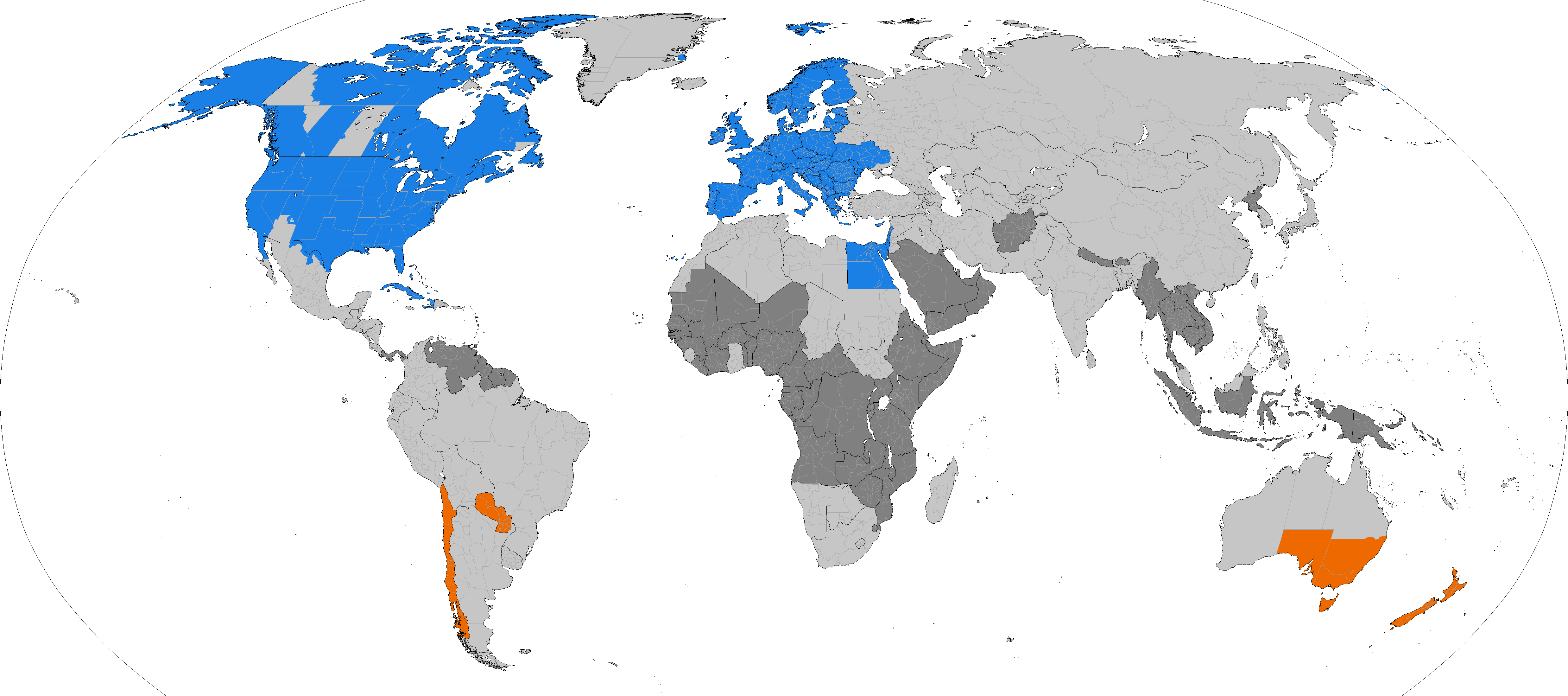 Karta svijeta koja prikazuje države koje prakticiraju ljetno vrijeme. Plavom i narančastom bojom označene su države koje ga još uvijek prakticiraju, svjetlo sivom one koje su ga prakticirale i prestale, dok su tamno sivom označene države koje ga nikad nisu ni prakticirale. Izvor: TimeZonesBoy.